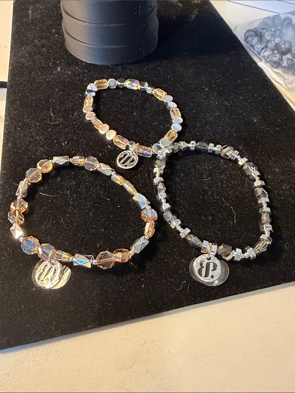 Bomb Party Crystal Bead Stretch Bracelet with Silver Initial Charm -